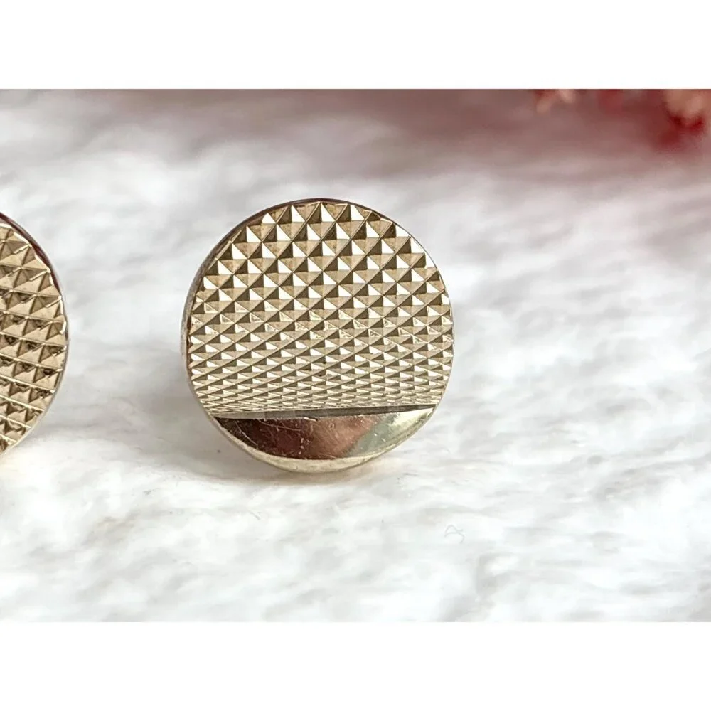 Knurled Textured 80's Style Retro Gold Toned Round Vintage Cuff Links